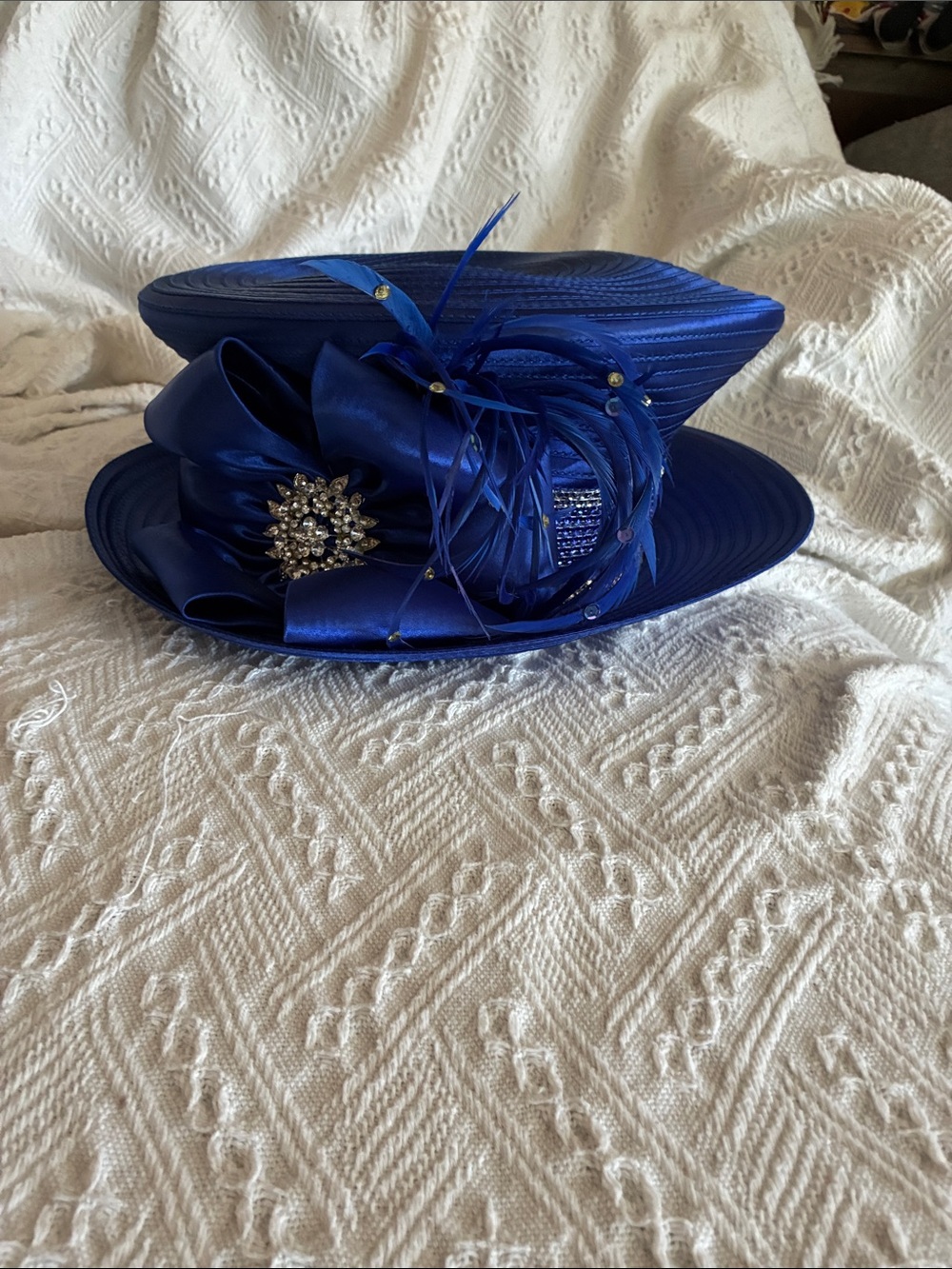 Elegant Royal Blue Whittaker and Shon Women's Dress Hat with Embellished Brooch